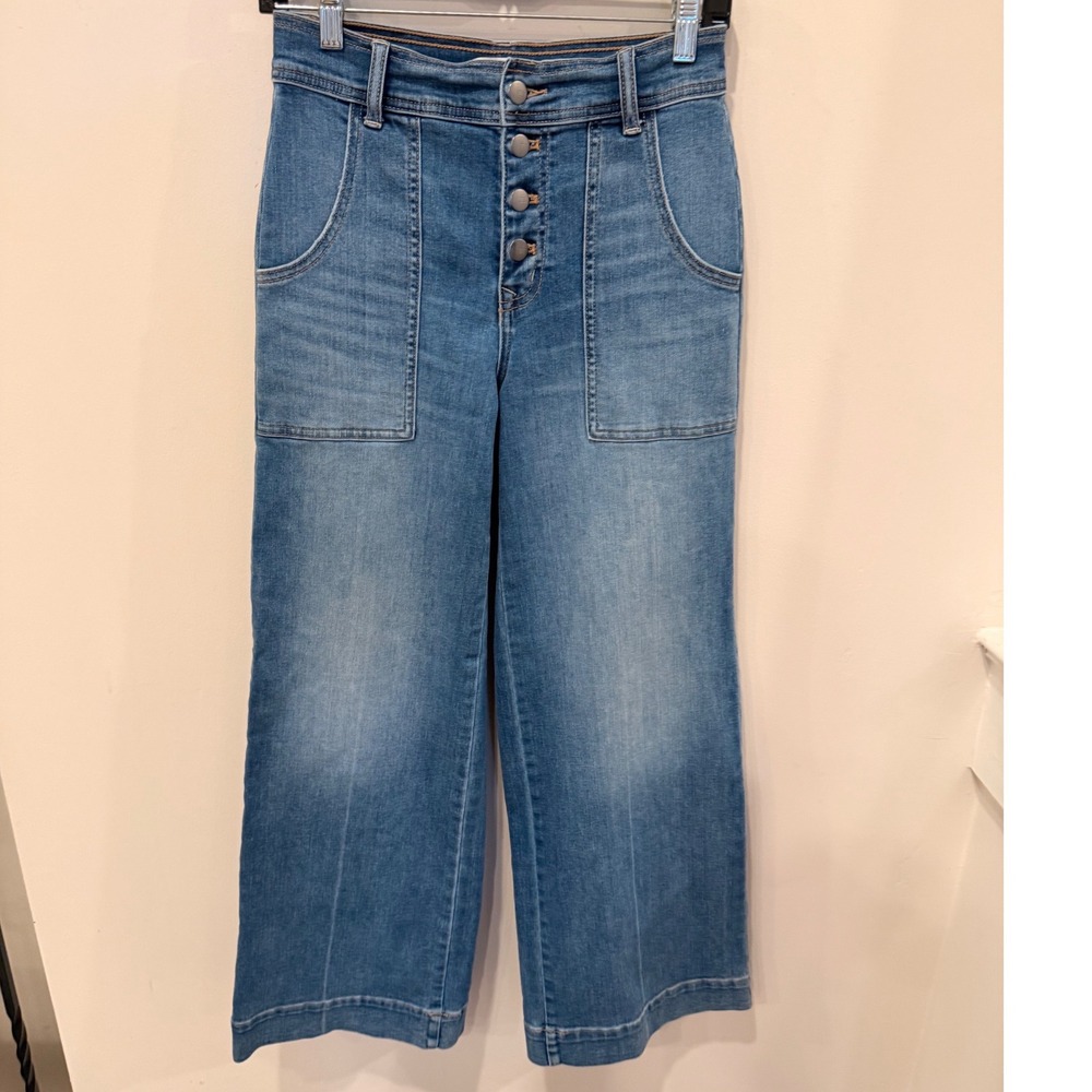 Evereve Wide Leg Jeans Womens 27 Blue Spark High Rise Button Fly Patch Pockets